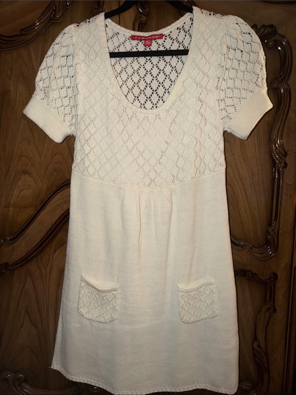 White Knit Short-Sleeve Midi Dress with Scoop Neck